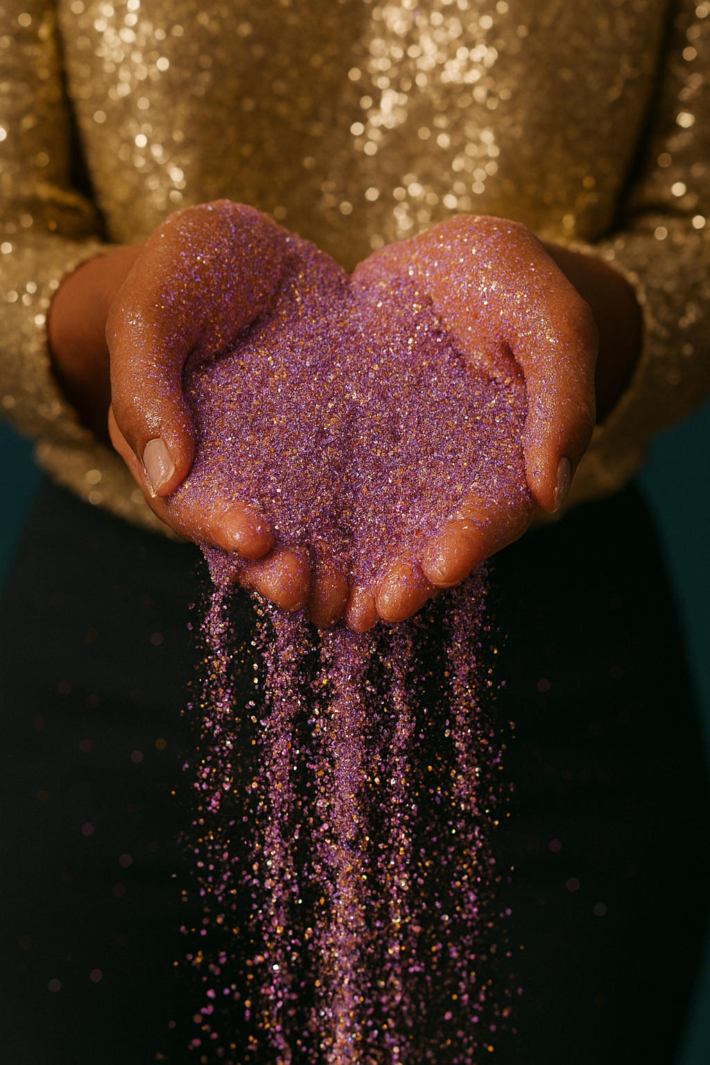Hands pouring shimmering purple and gold glitter